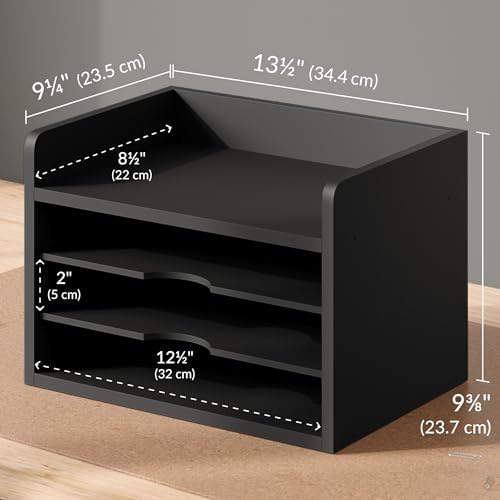 Ballucci File Organizer, 4-Tier Office Desk Organizer, Open Top Wood Paper Organizer for Classroom, Desktop Mail Sorter Paper Tray, Black
