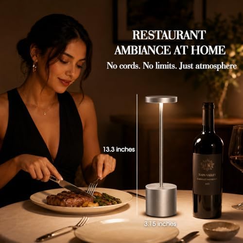 AUDLES Silver Rechargeable Table Lamps 2 Pack, Cordless Battery Operated LED Desk Lamp with Touch Control, 3 Color Temperatures, Dimmable Portable Lamps for Bedroom, Dining Room, Patio, Restaurant
