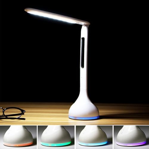 IHAO 7-Color Gradient Ambient Desk Lamp with LED Display Eye-Caring LED Table Lamp with Calendar, Temperature Display, Multi-Angle Adjustable Modern Office Lamp for Home & Office T19A White