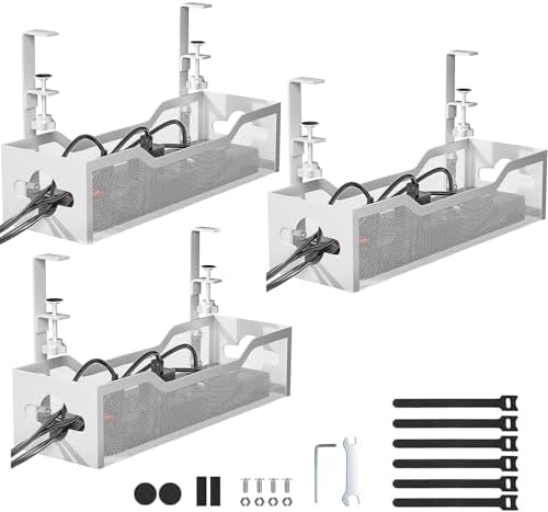 Under Desk Cable Management Tray 3 Pack, Cable Management Under Desk No Drill, Cable Organizer with Clamp for Wire Management, Cord Organizer for Office, Home - No Damage to Table (White)