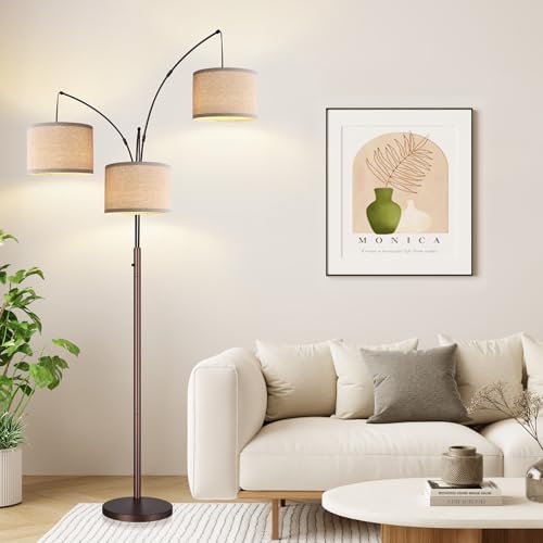 Dimmable Floor Lamp, 3 Lights Brown Arc Floor Lamp, Modern Tall Standing Tree Lamp with Beige Linen Shades & Heavy Base, 3000LM LED Bulbs, Bright Lighting for Living Room, Bedroom, Office & Reading
