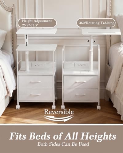 Faesun Night Stand with Charging Station & Swivel Top, White