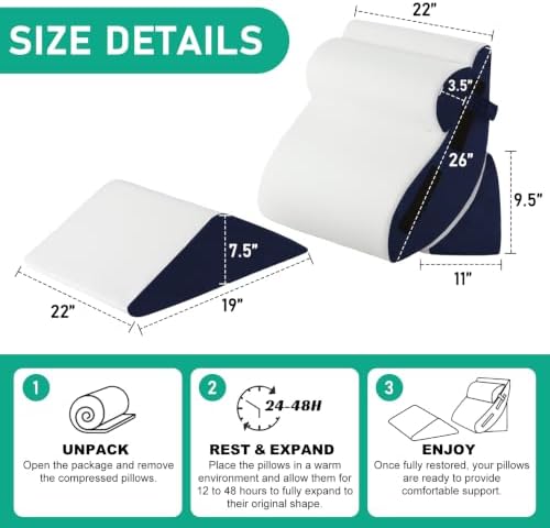 4PCS Wedge Pillow Set for After Surgery, Orthopedic Bed Wedge Pillow for Back Pain Relief, Sitting Up in Bed, Acid Reflux, Adjustable Post Surgery Pillows for GERD, Snoring, White/Navy