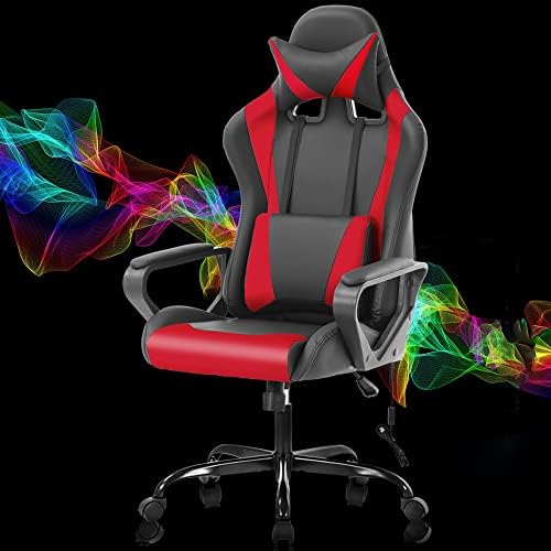 PC Gaming Chair Office Chair Racing Desk Chair with Lumbar Support Arms Headrest Massage High Back PU Leather Ergonomic Computer Chair Rolling Adjustable Swivel Chair for Women Men Adult, Red