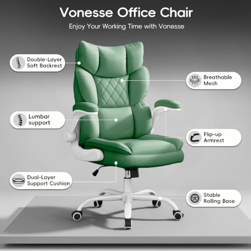 Vonesse Office Chair, Desk Chair with Flip-up Armrests, Gaming Chair with Double-Layered Soft Backrest,PU Leather Computer Executive Chair with Breathable Seat Cushion (Green)