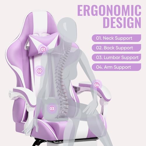 Ferghana Gaming Chairs, Ergonomic Racing Style PC Game Computer Chair with Headrest Lumbar Support Adjustable Recliner PU Leather Video Computer Chair(Light Purple)