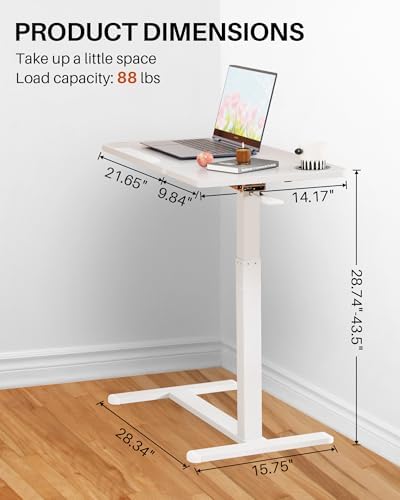 Overbed Table with Wheels, Pneumatic Lift, Foldable Top (White)