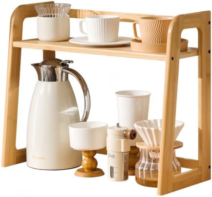 Natural Bamboo Coffee Station Organizer, 2-Tier Wooden Kitchen Counter Shelf for Bar Accessories, Multi-Functional Countertop Storage Rack for Syrup Bottles & Coffee Essentials (Natural Bamboo)