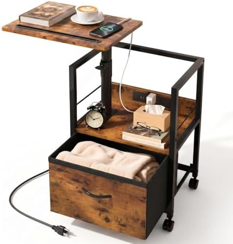 Faesun Night Stand with Charging Station & Swivel Top, Brown