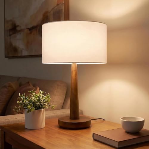 18.5" Modern Dimmable Walnut Wood Table Lamp with Linen Shade, White