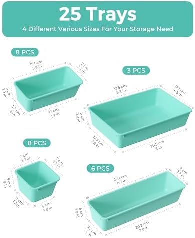BiuLeon 25 PCS Plastic Drawer Organizers Set, 4-Sizes Vanity and Makeup Organizer, Desk and bathroom Drawer Organizer Trays, Organizers and Storage for Makeup, Jewelry, Gadgets, Utensils (Blue)