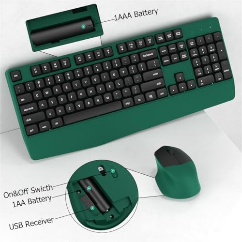 Ergonomic Wireless Keyboard and Mouse Combo with Wrist Rest (Black Green)