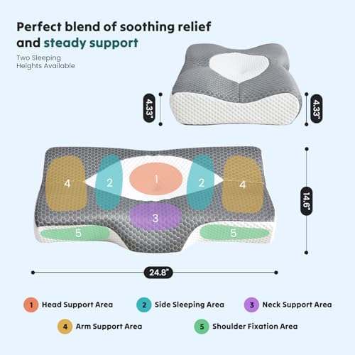 OLIXIS Cervical Pillow, Ergonomic Contour Memory Foam Neck Pillow with Cooling Breathable Cover for Side, Back and Stomach Sleepers, Grey