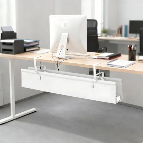 Oxford Cloth Under Desk Cable Management Tray,No-Drill 48" Desk Cable Management Organizer with Clip/Screw Installation,Fabric Cable Management for Home,Office & Gaming Computer(White)