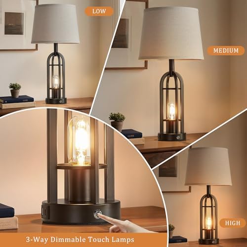 SRJJA 24" Farmhouse Touch Table Lamps for Living Room Set of 2 with USB A+C
