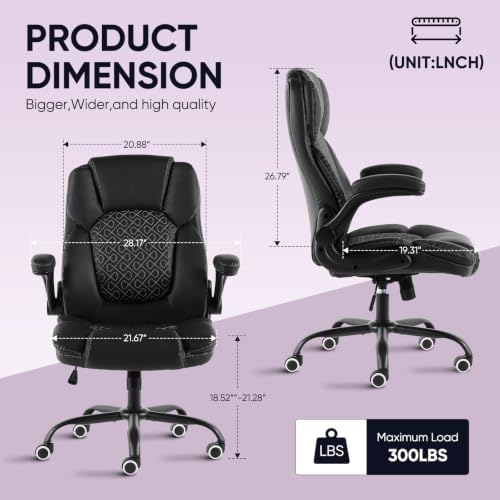 Executive Office Chair, Ergonomic Heavy Duty Desk Chair with Flip‑Up Armrests, 400 LBS High Back Comfy Computer Gaming Chairs for Home Office, Breathable PU Leather (Black)