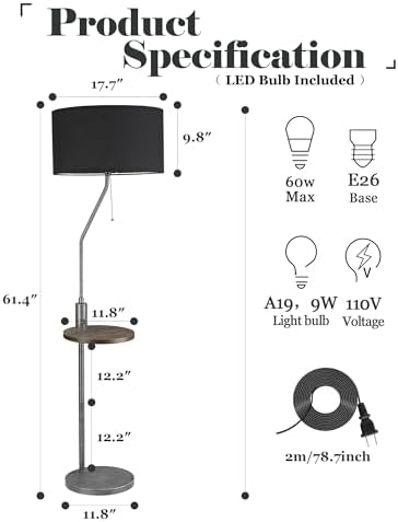 ELYONA C Shaped End Table Floor Lamp with USB A+C Charging Ports Wood Side Table Modern Reading Light Black Linen Shade Farmhouse Tall Standing Lamp for Living Room Bedroom Office LED Bulb Included