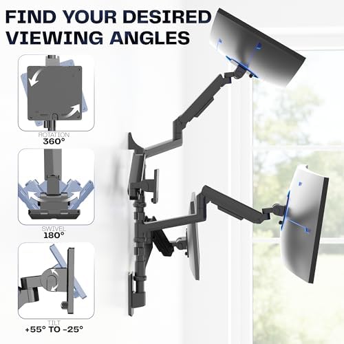 VIVO Quad Ultrawide Wall Mount, Heavy Duty Pneumatic Arm Monitor Station, Fits Four 38 inch Screens, Pneumatic Height Adjustment and 140lb Weight Capacity, Black, MOUNT-V400D