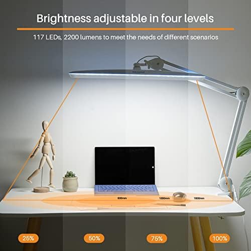 Task Lamp with Clamp, Bright 117PCS LEDs, Metal Swing Arm 24W 2200 Lumen Dimmable Led Desk Lamp for Architect Home Office Study Reading Dorm Workbench Craft, 23 Inch Working Lamp(White)