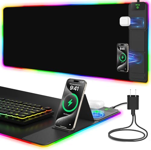 Mouse Pad with Foldable Phone Holder & Wireless Charger, XXL RGB Gaming Mousepad 31.5"x15.8" Large Desk Mat for Keyboard, Black Desk Pad with Dual Qi Charging Station | 11 Colors 5 Modes | Waterproof