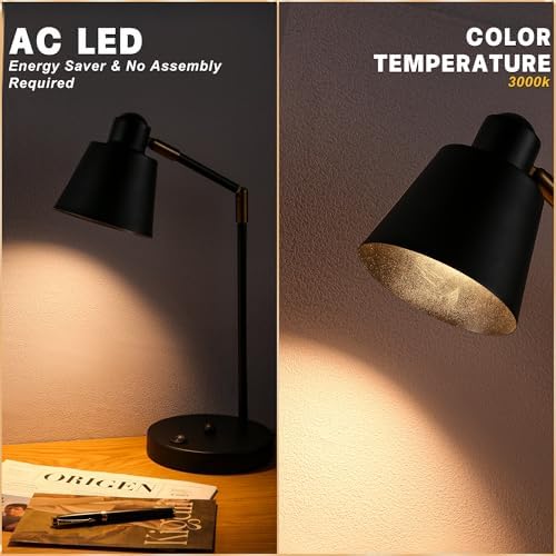 Anxingtools LED Desk Lamp with Dual USB Charging Ports, 100% Metal, 270° Swivel Arms, Soft White Light (3000K), Bedside Reading Lamp, Home Office Lamp (Black)
