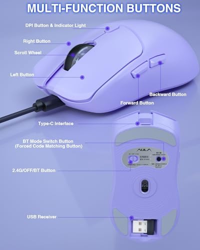 AULA SC580X Wireless Gaming Mouse, Tri-Mode Purple Gaming Mice & 12000 DPI