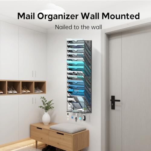 15 Tier Wall File Organizer - Hanging File Organizer with 5 Hooks, Mail Holder Wall Mounted for Papers, Folders, Magazines, Bills, Office&School Organization, Black