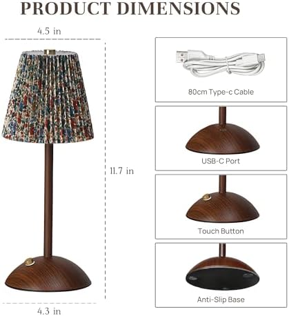 Small Vintage Cordless Table Lamp, Rechargeable Battery Operated Lamp with 3 Color Temperatures Stepless Dimming, Floral Bedside Nightstand Lamp for Bedroom, Living Room, Coffee Table, Bookshelf
