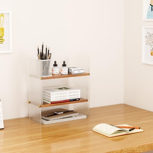 BYCY Double H Display Bookshelf Desktop Organizer Office Storage Rack Desk Expandable Wood Display Shelf with Acrylic Side Board Free Style Display Adjustable Stackable for Home Office (Black Brown)