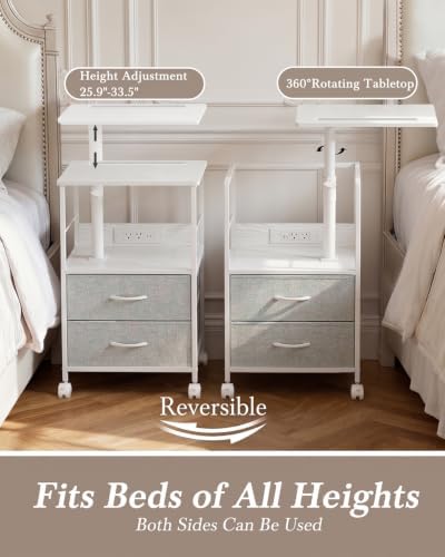 Faesun Night Stand with Charging Station & Swivel Top, White Gray