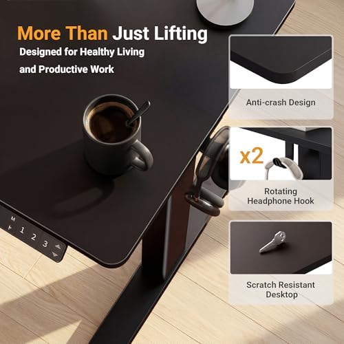 YDN Electric Standing Desk Adjustable Height, 63 x 24 Inches Sit Stand up Desk with Memory Presets & Cable Management, Home Office Desk for Office & Computer Workstation, Black Frame/Black Top