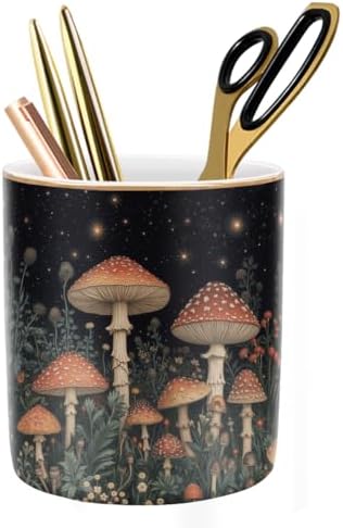 Cute Pen Pencil Holder for Desk, Durable Ceramic Organizer Decor for Room, Office, Classroom, Mushroom Pattern