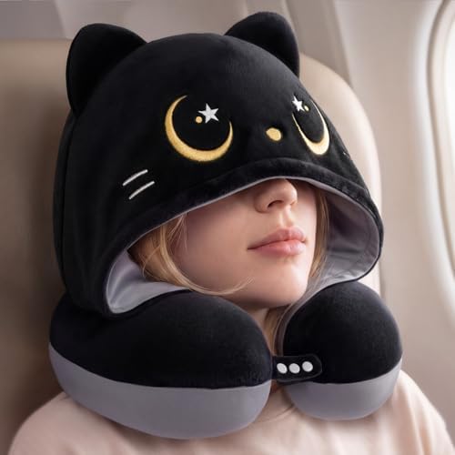 Mewaii Travel Neck Pillow, Airplane Pillow with Hood, Memory Foam, Gray