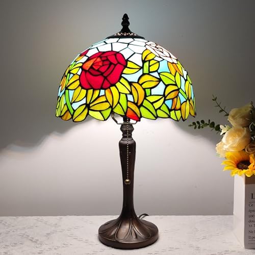 Tiffany Lamp Stained Glass Table Lamp 12X12X18 Inch Rose and Leaf Tiffany Style Desk Lamp for Living Room Bedroom Study Home Office,Include LED Bulb