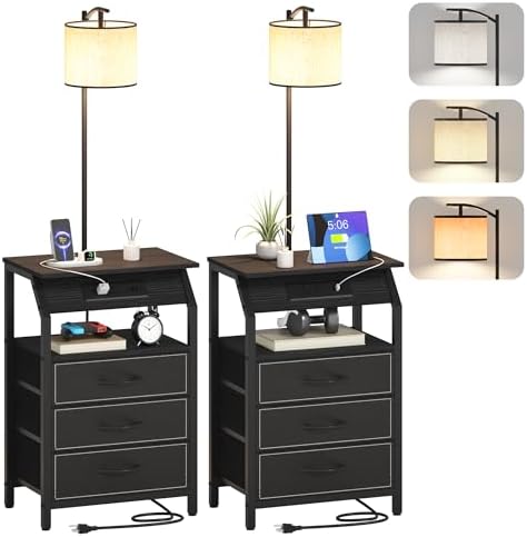 End Table with Floor Lamp Set of 2, Nightstand with Charging Station, Floor Lamp Table with 3-Color Temperature Bulb, Bedside Table Night Stand with 3 Drawers for Bedroom, Living Room, Black