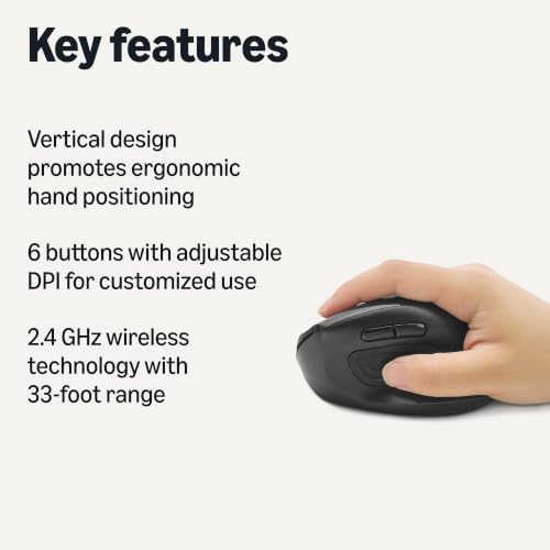 Amazon Basics 6-Button Vertical Wireless Mouse for Laptop & Desktop PC, Right-Handed, Adjustable DPI, Medium to Large Palm Sizes, Black