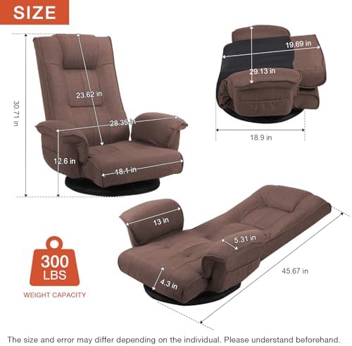 Ergonomic Swivel Floor Gaming Chair with Armrests & Side Pockets, 6-Position Reclining Sofa Bed, Foldable Padded Lounger with Thick Cushion & Lumbar Support for Esports, Reading, TV Watching, Brown