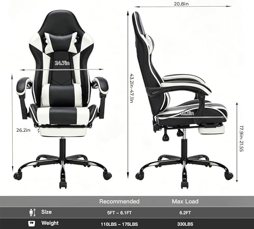 Big and Tall Gaming Chair with Footrest, Ergonomic Computer Desk Chair with Lumbar Support & Headrest, High Back PU Leather Gaming Office Chair, Reclining Swivel Task Chair for Office or Gaming