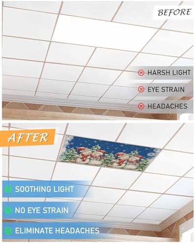 Blue Christmas Magnetic Fluorescent Light Covers for Ceiling Lights 2 x 4 Feet,Snowman Snowflakes Green Pine Tree Retro Office Classroom Kitchen Drop Ceiling Light Covers Filters Shade Panel 2 Packs