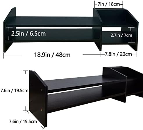 Computer Monitor Riser, 2 Tier Wooden Stand With Two Layer Storage Rack, Black Desktop Organizer for PC/Laptop, Home & Office