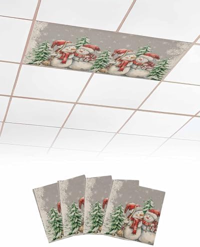 Grey Christmas Magnetic Fluorescent Light Covers for Ceiling Lights 2 x 4 Feet,Snowman Snowflakes Green Pine Tree Retro Office Classroom Kitchen Drop Ceiling Light Covers Filters Shade Panel 4 Packs