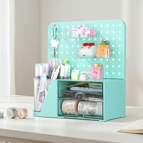 Comix Desk Organizer with 2 Drawer, Green 360° Rotating Pen Holder for Desk