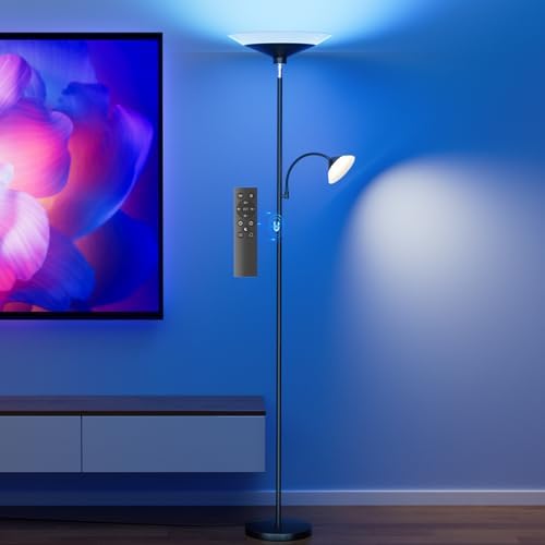 SIBRILLE RGB Torchiere Floor Lamp - 2 Way Dimmable LED Standing Lamp with Remote&Button Control, 34W Rotatable Floor Reading Light, 72'' Tall Modern Corner Lamp for Living Room Bedroom Office, Black