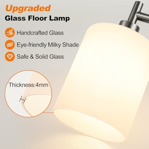 【Upgraded】 Dimmable Floor Lamp for Living Room with Opal Glass Lampshade, Brushed Nickel Modern Floor Lamp with 900LM LED Bulb Included, Standing Tall Lamp for Bedroom, Office, Reading Room, Corner