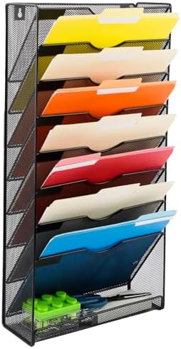 EASEPRES Desk File Organizer Mesh 9-Tier, Hanging Wall Mount Document Organization Stand, Desktop Vertical Mail Paper Folder Holder Rack with Bottom Tray for Office Home Cubicle Countertop, Black