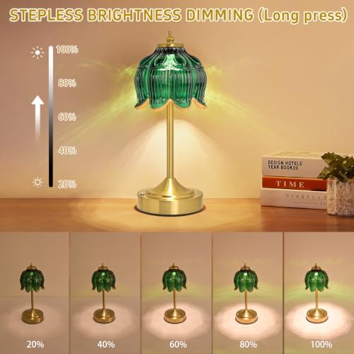 Cordless Table Lamp, Rechargeable Dark Green Glass Lotus Flower Lamp