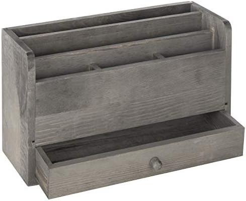 MyGift Rustic Gray Solid Wood Office Desk Supplies and Stationery Organizer, 5 Slot Wooden Desktop Mail Sorter, Document and Magazine Holder with Pull Out Drawer