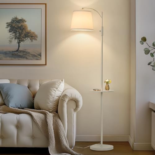AIDENOEY White Floor Lamp with Table, Dimmable Standing Lamp, Living Room