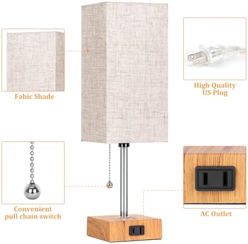 Table Lamp for Bedroom set of 2,3-Color Bedside Lamps with Pull Chain Wood