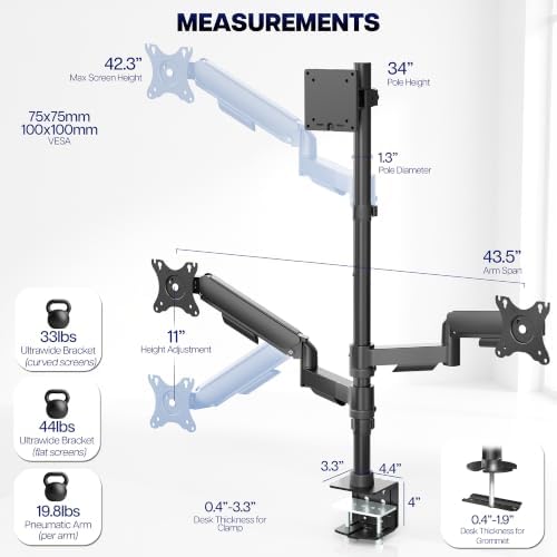 VIVO Triple Monitor Desk Mount, 32 to 49 inch Ultrawide Screens, One Fixed Screen and Two Mechanical Arms for Gaming and Office Setups, Max VESA 100x100, Holds up to 83.6 lbs, Black, STAND-V123TG